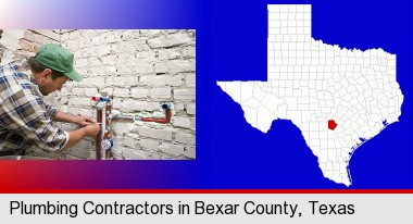 a plumbing contractor installing new water supply lines; Bexar County highlighted in red on a map