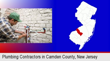 a plumbing contractor installing new water supply lines; Camden County highlighted in red on a map