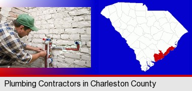 a plumbing contractor installing new water supply lines; Charleston County highlighted in red on a map