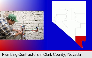a plumbing contractor installing new water supply lines; Clark County highlighted in red on a map