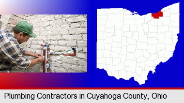 a plumbing contractor installing new water supply lines; Cuyahoga County highlighted in red on a map