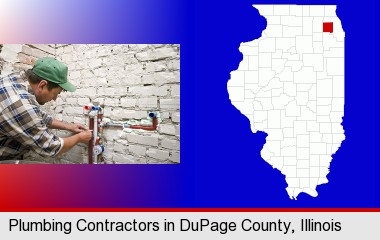 a plumbing contractor installing new water supply lines; DuPage County highlighted in red on a map