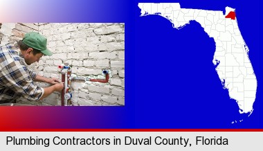 a plumbing contractor installing new water supply lines; Duval County highlighted in red on a map