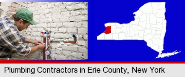 a plumbing contractor installing new water supply lines; Erie County highlighted in red on a map