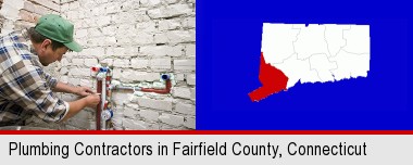 a plumbing contractor installing new water supply lines; Fairfield County highlighted in red on a map