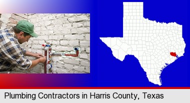 a plumbing contractor installing new water supply lines; Harris County highlighted in red on a map