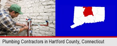 a plumbing contractor installing new water supply lines; Hartford County highlighted in red on a map