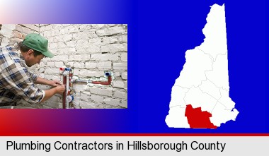 a plumbing contractor installing new water supply lines; Hillsborough County highlighted in red on a map