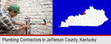 a plumbing contractor installing new water supply lines; Jefferson County highlighted in red on a map