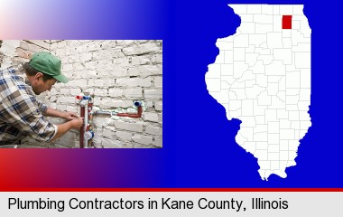 a plumbing contractor installing new water supply lines; Kane County highlighted in red on a map