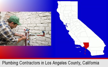 a plumbing contractor installing new water supply lines; Los Angeles County highlighted in red on a map