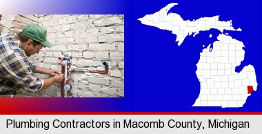 a plumbing contractor installing new water supply lines; Macomb County highlighted in red on a map
