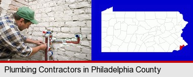 a plumbing contractor installing new water supply lines; Philadelphia County highlighted in red on a map
