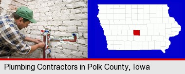 a plumbing contractor installing new water supply lines; Polk County highlighted in red on a map