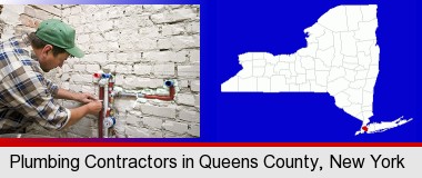 a plumbing contractor installing new water supply lines; Queens County highlighted in red on a map