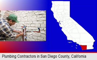 a plumbing contractor installing new water supply lines; San Diego County highlighted in red on a map