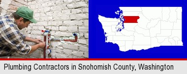 a plumbing contractor installing new water supply lines; Snohomish County highlighted in red on a map