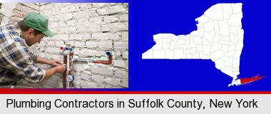 a plumbing contractor installing new water supply lines; Suffolk County highlighted in red on a map