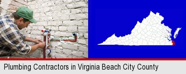 a plumbing contractor installing new water supply lines; Virginia Beach City County highlighted in red on a map