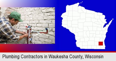 a plumbing contractor installing new water supply lines; Waukesha County highlighted in red on a map
