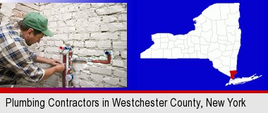 a plumbing contractor installing new water supply lines; Westchester County highlighted in red on a map