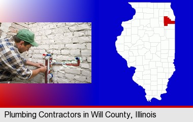 a plumbing contractor installing new water supply lines; Will County highlighted in red on a map