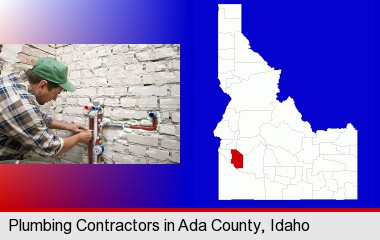 a plumbing contractor installing new water supply lines; Ada County highlighted in red on a map