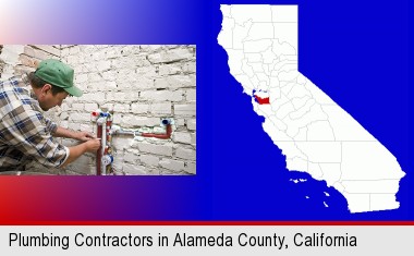 a plumbing contractor installing new water supply lines; Alameda County highlighted in red on a map