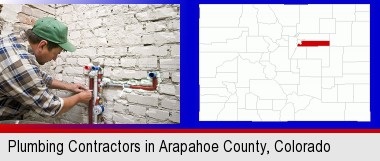 a plumbing contractor installing new water supply lines; Arapahoe County highlighted in red on a map