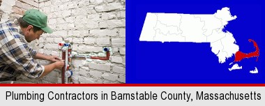 a plumbing contractor installing new water supply lines; Barnstable County highlighted in red on a map