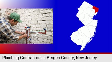 a plumbing contractor installing new water supply lines; Bergen County highlighted in red on a map