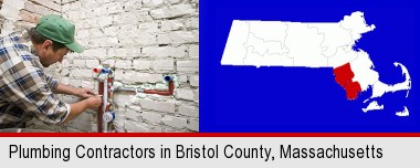 a plumbing contractor installing new water supply lines; Bristol County highlighted in red on a map