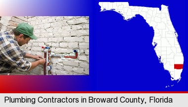 a plumbing contractor installing new water supply lines; Broward County highlighted in red on a map
