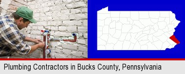 a plumbing contractor installing new water supply lines; Bucks County highlighted in red on a map