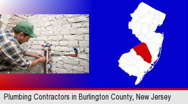 a plumbing contractor installing new water supply lines; Burlington County highlighted in red on a map