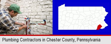 a plumbing contractor installing new water supply lines; Chester County highlighted in red on a map