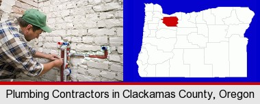 a plumbing contractor installing new water supply lines; Clackamas County highlighted in red on a map