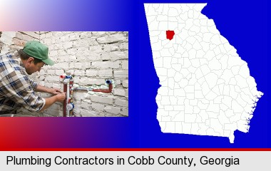 a plumbing contractor installing new water supply lines; Cobb County highlighted in red on a map