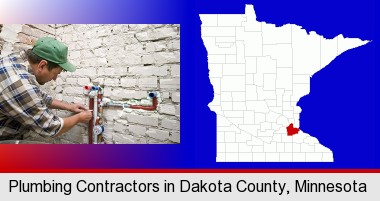 a plumbing contractor installing new water supply lines; Dakota County highlighted in red on a map