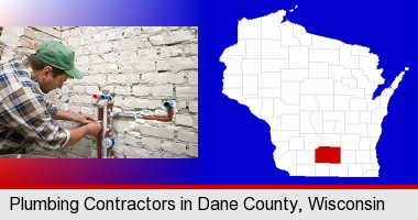 a plumbing contractor installing new water supply lines; Dane County highlighted in red on a map