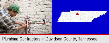 a plumbing contractor installing new water supply lines; Davidson County highlighted in red on a map