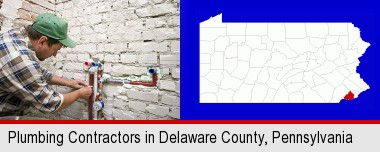a plumbing contractor installing new water supply lines; Delaware County highlighted in red on a map