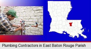a plumbing contractor installing new water supply lines; East Baton Rouge Parish highlighted in red on a map