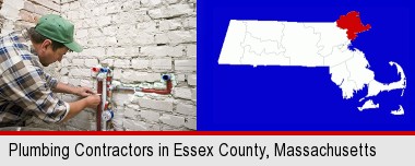 a plumbing contractor installing new water supply lines; Essex County highlighted in red on a map