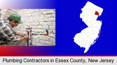 a plumbing contractor installing new water supply lines; Essex County highlighted in red on a map