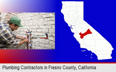 a plumbing contractor installing new water supply lines; Fresno County highlighted in red on a map