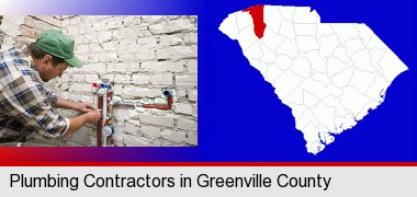 a plumbing contractor installing new water supply lines; Greenville County highlighted in red on a map