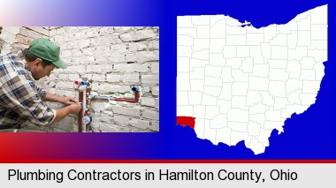 a plumbing contractor installing new water supply lines; Hamilton County highlighted in red on a map
