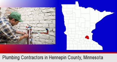 a plumbing contractor installing new water supply lines; Hennepin County highlighted in red on a map