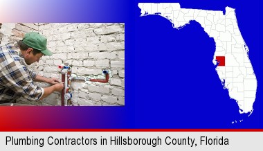 a plumbing contractor installing new water supply lines; Hillsborough County highlighted in red on a map